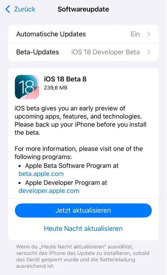 明山苹果手机维修分享苹果 iOS / iPadOS 18 开发者预览版 Beta 8 发布 